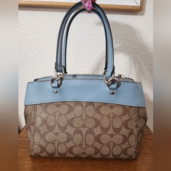 Coach Monogram Brown/ Light Blue Top Handle. In Excellent Condition Outside - Picture 2 of 11